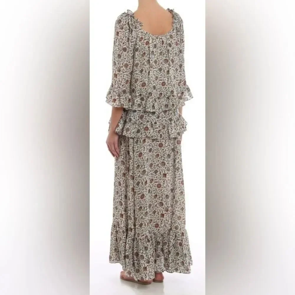 TORY BURCH Ivory Paisley Printed Ruffle Maxi Long Silk Dress 3/4 Sleeves NWOT